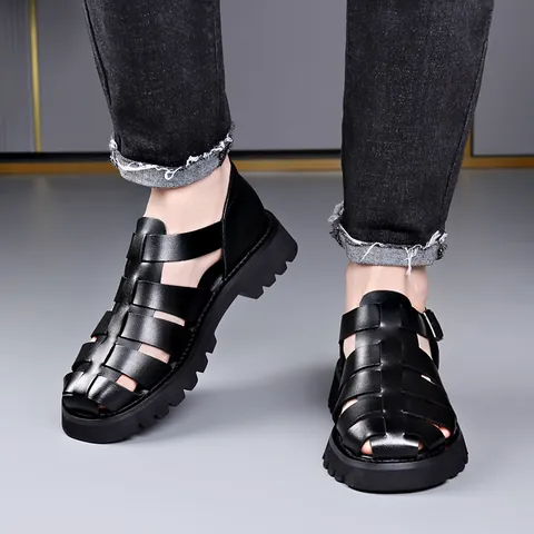 Sandalias Romanas de Verano para Hombre Cuero Genuino Calado Suela Gruesa Aumento de Altura Transpirable Zapatos de Playa Negro