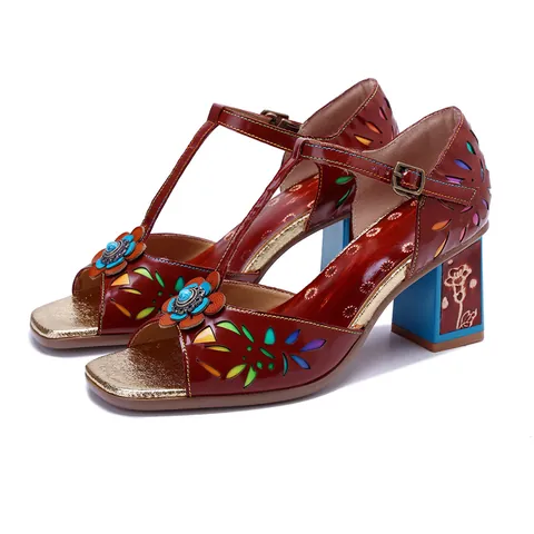 Dames Retro Handgekleurd Schapenvacht Leren Sandalen Met Bloem Opengewerkt Ontwerp Blokhak T-Strap Party Hoge Hakken Retro Etnische Stijl