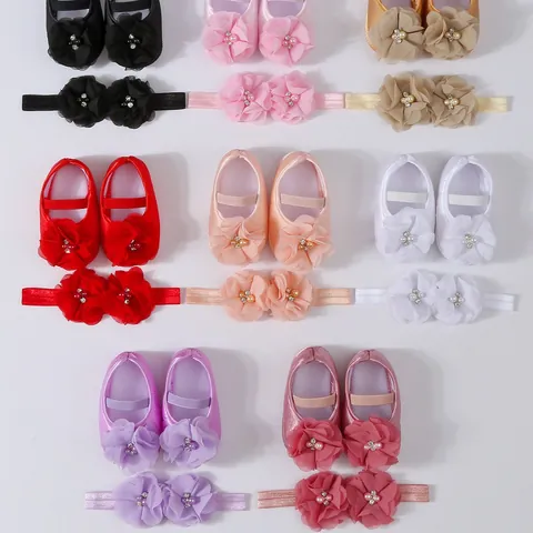 Baby Girls Princess Soft Sole Shoes And Headband Set Newborn Toddler Floral Dress Shoes With Artificial Pearls Rhinestones