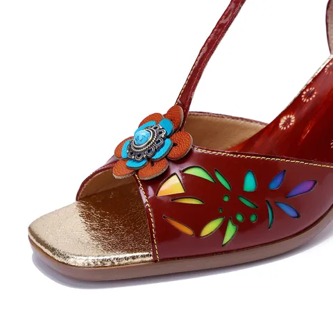 Dames Retro Handgekleurd Schapenvacht Leren Sandalen Met Bloem Opengewerkt Ontwerp Blokhak T-Strap Party Hoge Hakken Retro Etnische Stijl