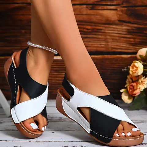Women Roman Platform Sandals Top Layer Cowhide Leather Cross Strap Wedge Summer Open Toe Casual Beach Walking Shoes Ladies