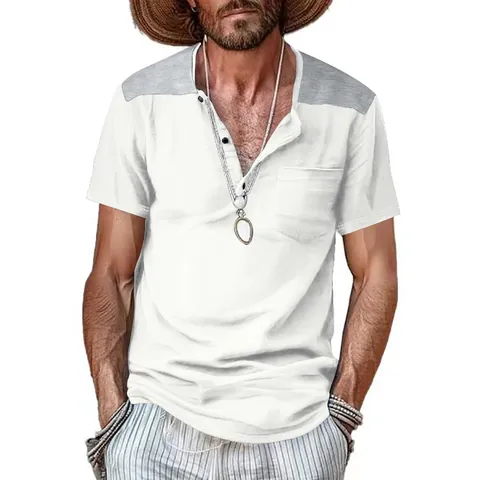 Ανδρική Casual Μπλούζα Henley με Κοντό Μανίκι Λαιμόκοψη V Χρωματικές Αντιθέσεις Πολυεστέρας Αναπνεύσιμο Top με Τσέπη
