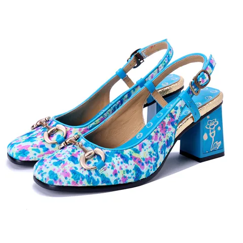 Dames Blokhak Sandalen Paardenhaar Bloemenprint Slingback Handgemaakt Lasergravure Hakken Gouden Paardenbit Schoenen