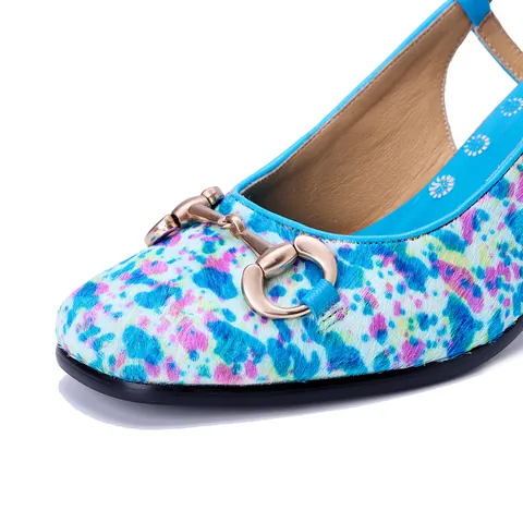 Dames Blokhak Sandalen Paardenhaar Bloemenprint Slingback Handgemaakt Lasergravure Hakken Gouden Paardenbit Schoenen