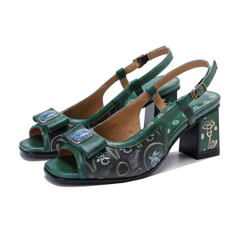Vintage Handgewreven Leren Sandalen met Reliëf Bloemen voor Dames Comfortabele Blokhak Open-Toe Slingback Sandalen Etnische Stijl Schoenen