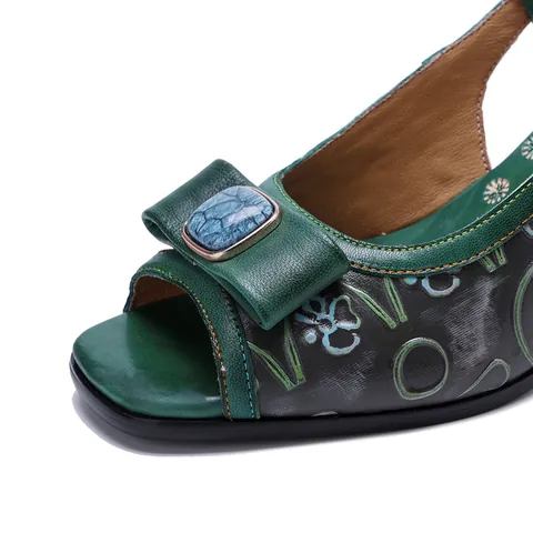 Vintage Handgewreven Leren Sandalen met Reliëf Bloemen voor Dames Comfortabele Blokhak Open-Toe Slingback Sandalen Etnische Stijl Schoenen