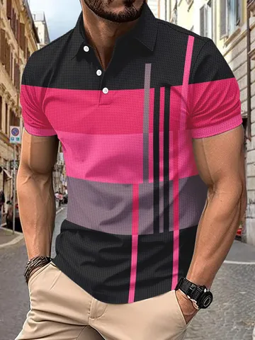 Men Casual Striped Printed Polo Shirt Short Sleeve Turn-down Collar Loose Fit Summer Polyester Patchwork Top