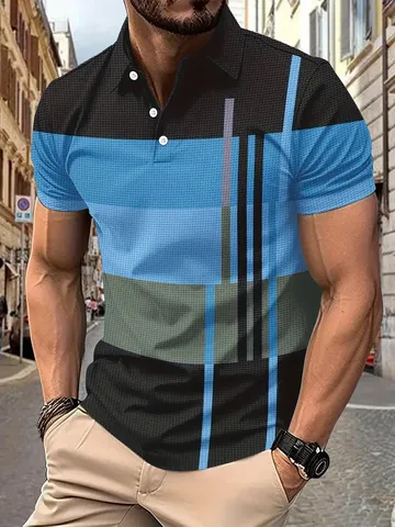 Men Casual Striped Printed Polo Shirt Short Sleeve Turn-down Collar Loose Fit Summer Polyester Patchwork Top