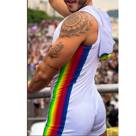 Men's Sexy Hooded Sleeveless Jumpsuit Sportswear Quick Dry Skinny Rainbow Stripe Bodysuit Top And Bottom Workout Yoga Gym Clothing