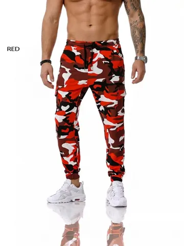 Men's Spliced Camouflage Jogger Pants Outdoor Sports Fitness Cargo Trousers Breathable Polyester Camo Printed Running Pants