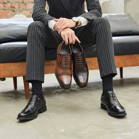 Men Business Formal Leather Cap-Toe Oxford Shoes British Style Non-Slip Wear-Resistant Groom Wedding Dress Shoes