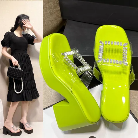 Women Fashion Platform High Heel Slippers Summer Square Rhinestone Buckle Transparent Strap Chunky Heel Sandals Party Slides