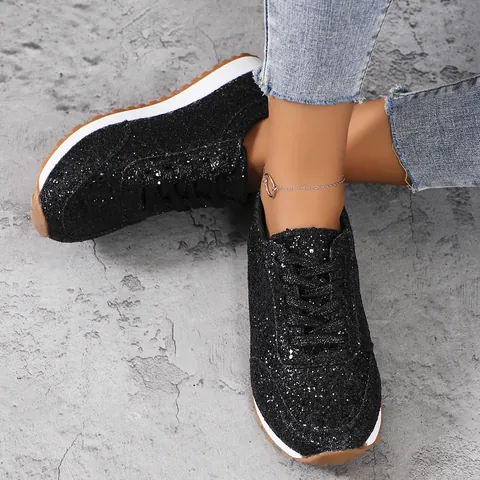 Baskets à Plateforme en Paillettes pour Femmes Chaussures de Marche Décontractées à Lacets Semelle Épaisse