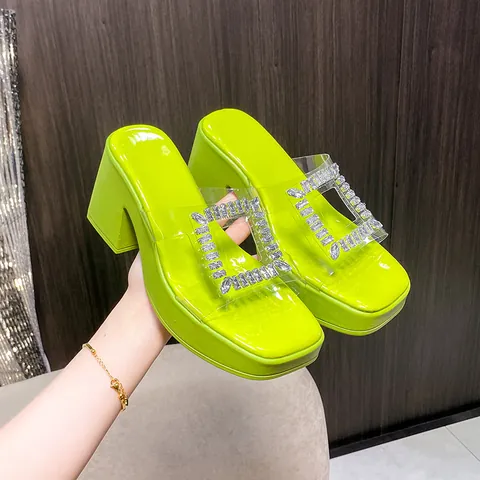 Women Fashion Platform High Heel Slippers Summer Square Rhinestone Buckle Transparent Strap Chunky Heel Sandals Party Slides