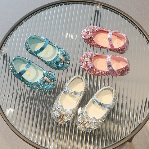 Girls Rhinestone Mary Jane Shoes With Bow Sparkling Glitter Performance Dance Princess Shoes For Summer Party Pink Silver