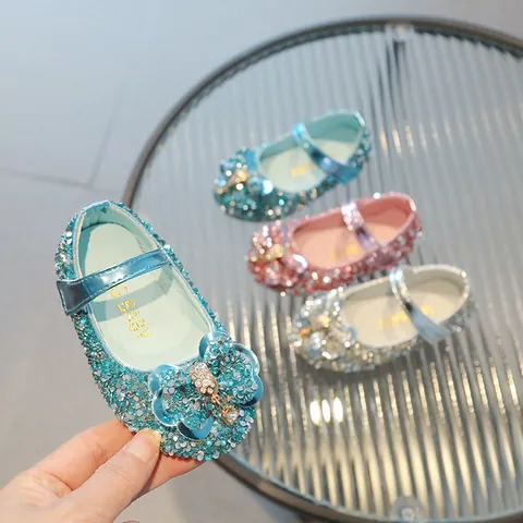 Girls Rhinestone Mary Jane Shoes With Bow Sparkling Glitter Performance Dance Princess Shoes For Summer Party Pink Silver