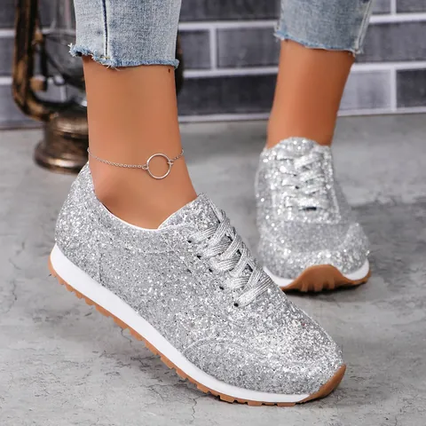 Γυναικεία Μοντέρνα Sneakers με Πούλιες Καθημερινά Χαμηλά με Κορδόνια Λαμπερά Επίπεδα Παπούτσια Μεγάλο Μέγεθος Αθλητικά