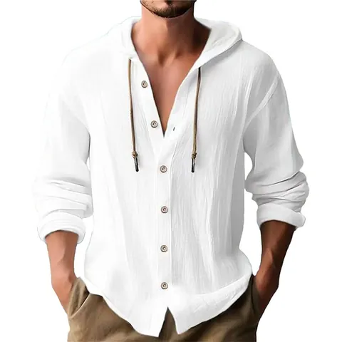 Camisa de Lino con Capucha para Hombre de Manga Larga Casual con Botones Top Desgastado Color Sólido para Primavera Otoño Moda
