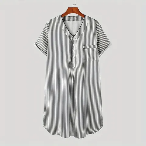 Herren Gestreift Kurzarm Bademantel V-Ausschnitt Knopfleiste Lässig Locker Nachthemd Dünn Leicht Home Wear Kaftan