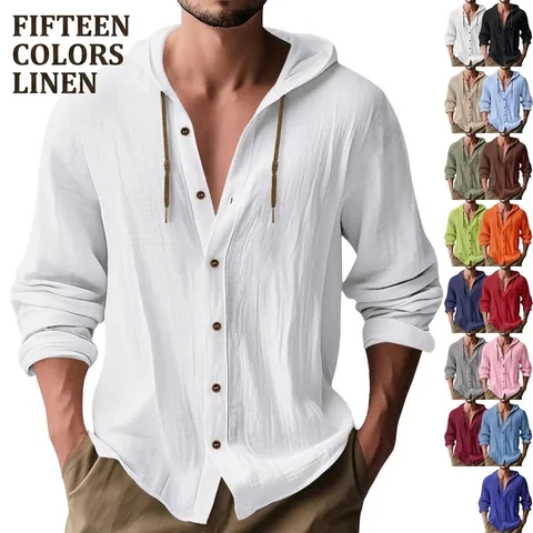 Men's Casual Linen Blend Hooded Long Sleeve Shirt Solid Color Breathable Button Down Beach Vacation Top