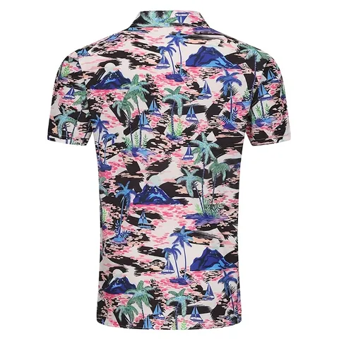 Men Hawaiian Tropical Print Short Sleeve Top Polyester Button Down Beach Vacation Casual Holiday Shirt European Size