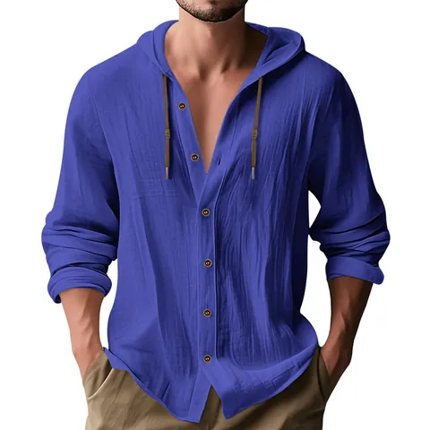 Men's Casual Linen Blend Hooded Long Sleeve Shirt Solid Color Breathable Button Down Beach Vacation Top