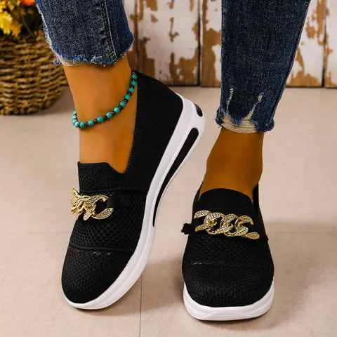Damen Atmungsaktiv Netz Loafer Flach Rund Zehenpartie Freizeitschuhe Mit Metallkette Strass Verzierung Große Größe Frühling Mode