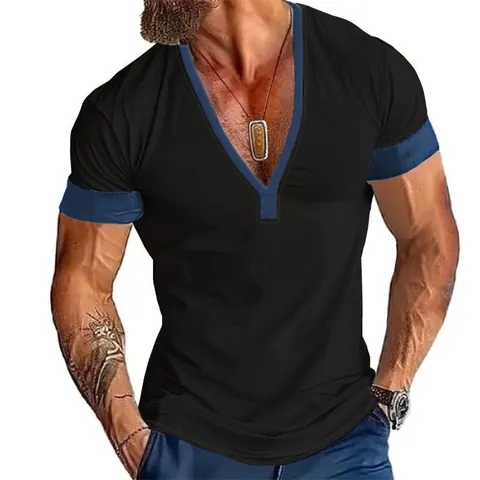 Maglietta Casual da Uomo a Maniche Corte Poliestere Traspirante Scollo a V Bordo a Contrasto Moda Estiva Top Abbigliamento
