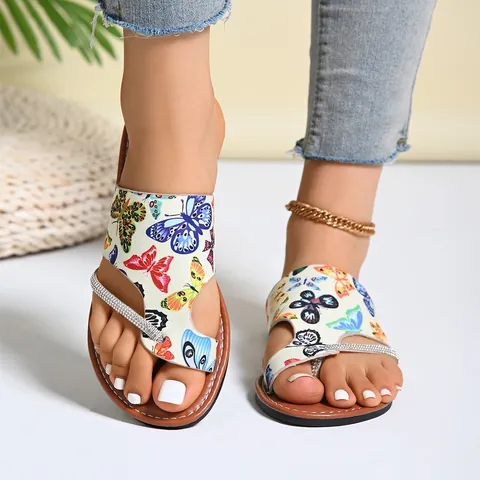 Women Roman Style Thong Sandals Flat Bohemian Butterfly Graffiti Print Summer Beach Shoes With Rhinestone Embellishment Casual Flip Flops