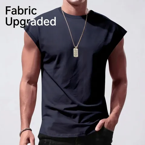 Men Sleeveless Tank Top Summer Casual Solid Color Loose Fit Muscle Tee Round Neck Breathable Polyester Gym Sporty Undershirt Top