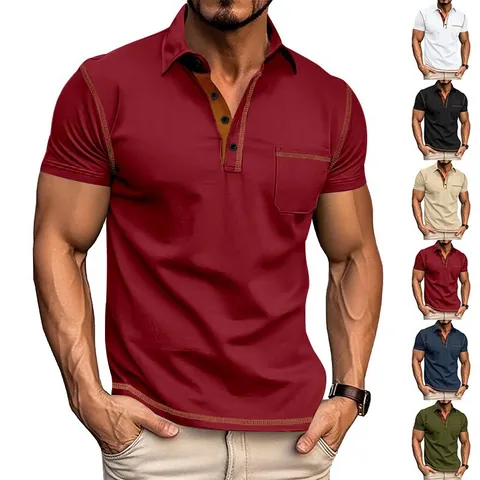 Heren Casual Polo Met Korte Mouwen Contraststiksel Neerklapbare Kraag Zak Reguliere Pasvorm Urban Fashion Top