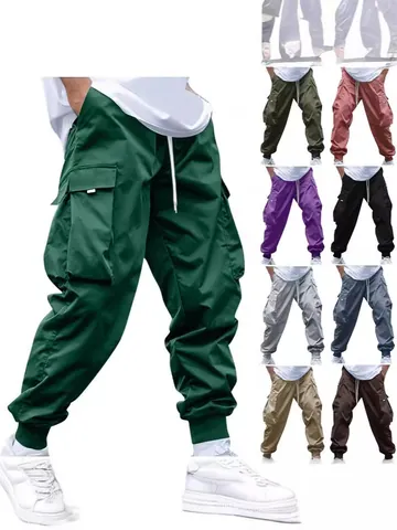 Men's Multi-Pocket Cargo Jogger Pants Japanese Streetwear Loose Fit Casual Trousers Drawstring Waist Spring Autumn Men Bottoms