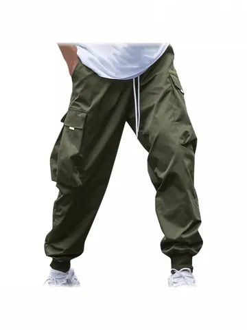 Men's Multi-Pocket Cargo Jogger Pants Japanese Streetwear Loose Fit Casual Trousers Drawstring Waist Spring Autumn Men Bottoms