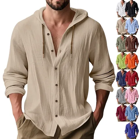 Men Casual Linen Hooded Shirt Solid Color Long Sleeve Loose Fit Beach Top Woven Breathable Cardigan Fashion Hooded Shirts