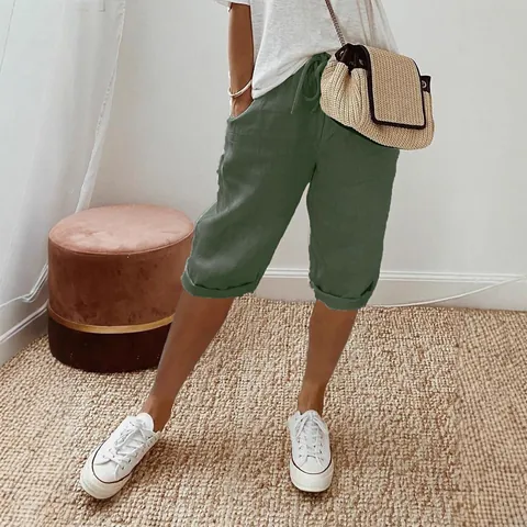 Γυναικείο Casual Παντελόνι από Πολυεστέρα και Spandex με Ελαστική Μέση με Κορδόνι και Τσέπες Γυρισμένο Στρίφωμα Καλοκαιρινό Παντελόνι Παραλίας