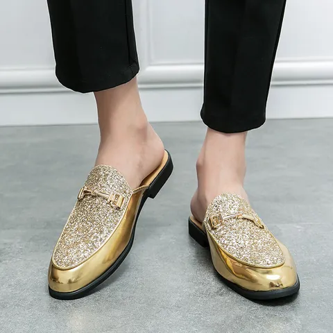 Mules Décontractées pour Hommes en Cuir Verni Boucle Mors Dorée Mode Coréenne Paillettes Sans Lacets Mocassins Respirants pour Fête