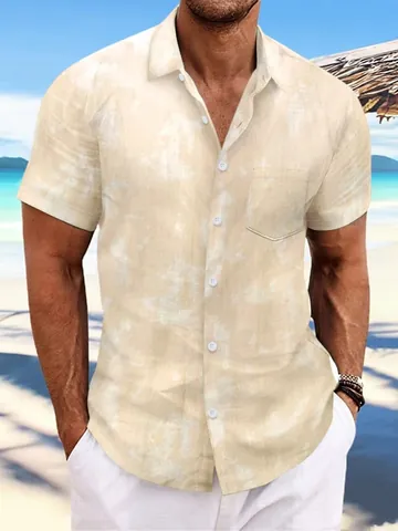 Men Casual Cotton Tie-dye Shirt Short Sleeve Lapel Beach Sport Top Comfortable Loose Fit Tie-dyed Summer Holiday Vacation Top