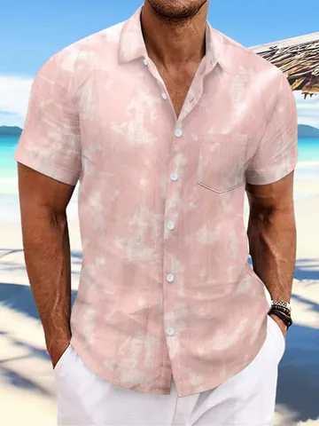Men Casual Cotton Tie-dye Shirt Short Sleeve Lapel Beach Sport Top Comfortable Loose Fit Tie-dyed Summer Holiday Vacation Top