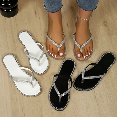 Women's Rhinestone Flip Flops European Style Flat Beach Sandals Microfiber Rubber Sole Fashionable Casual Thong Slides Shoes