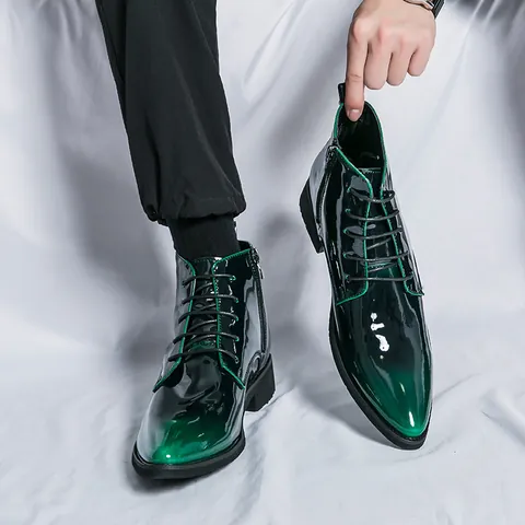 Bottes Hautes à Bout Pointu pour Hommes en Cuir Verni Brillant Bottes Martin avec Fermeture Éclair Latérale Bottines Tendances