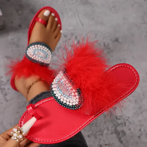Damen Flache Zehenring Sandalen Böhmisch Feder Strass Böser Blick Künstliche Perle Sommer Strand Lässig Übergröße Flip Flops Schuhe