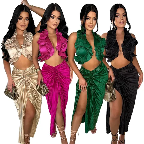 Women European Fashion Two Piece Set Sleeveless Ruffle Crop Top And High Waist Slit Pleated Long Skirt Party Outfits
