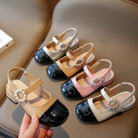 Girls Mary Jane Sandals Patent Leather Contrast Toe Pearl Decoration Princess Shoes For Wedding Party School Kids Footwear