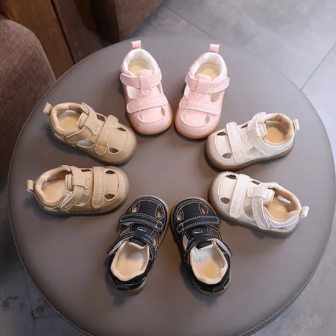 Toddler Baby Boys Girls Retro Synthetic Leather Hollow Out Sandals Closed Toe Breathable Non-slip First Walker Shoes With Hook And Loop