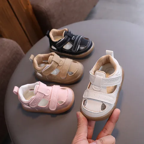 Toddler Baby Boys Girls Retro Synthetic Leather Hollow Out Sandals Closed Toe Breathable Non-slip First Walker Shoes With Hook And Loop