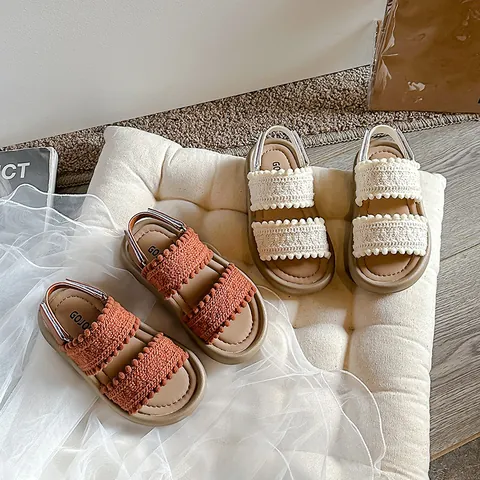Girls Vintage Woven Beach Sandals Toddler Soft Sole Casual Shoes Kids Bohemia Open Toe Flat Pompom Summer Walking Shoes