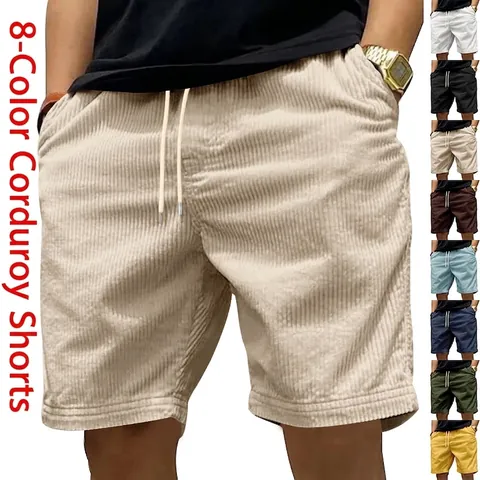 Pantaloncini Cargo in Velluto a Coste Pesante da Uomo Retro Americano Casual Larghi Dritti Coulisse Estivi da Mare Tempo Libero