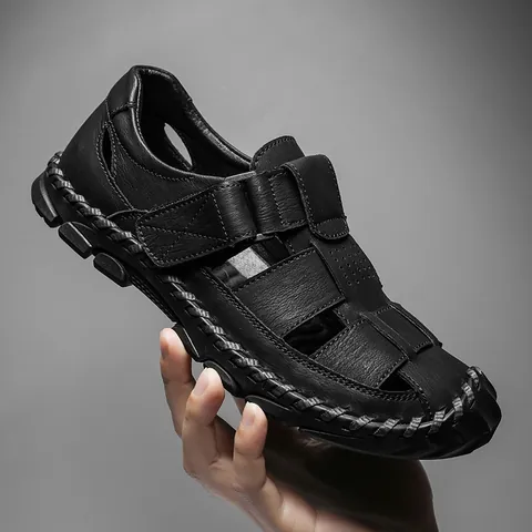 Heren Casual Leren Sandalen Zomer Gesloten Teen Hol Strand Schoenen Handgestikt Ademend Outdoor Sandalen