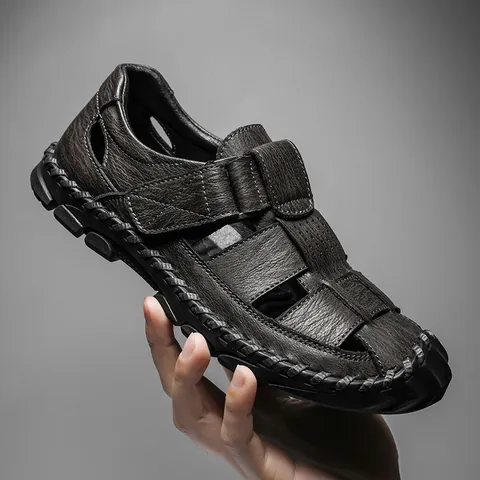 Heren Casual Leren Sandalen Zomer Gesloten Teen Hol Strand Schoenen Handgestikt Ademend Outdoor Sandalen
