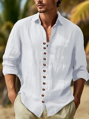Heren Casual Retro Overhemd Lange Mouwen Knoopsluiting Revers Katoenmix Top Effen Kleur Vakantie Stijl